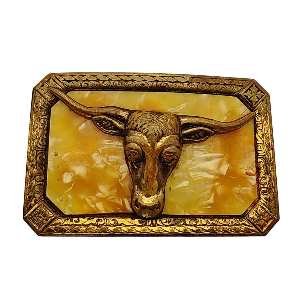 Vintage Western Longhorn Steer Belt Buckle‎ Gold Tone Faux Marble Cowboy Rodeo